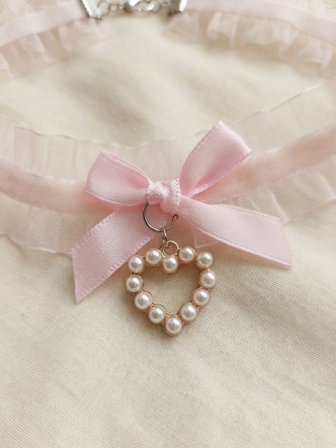 Pink Lace Bow Pearl Necklace with polyester fabric | NA866-03 | image 4