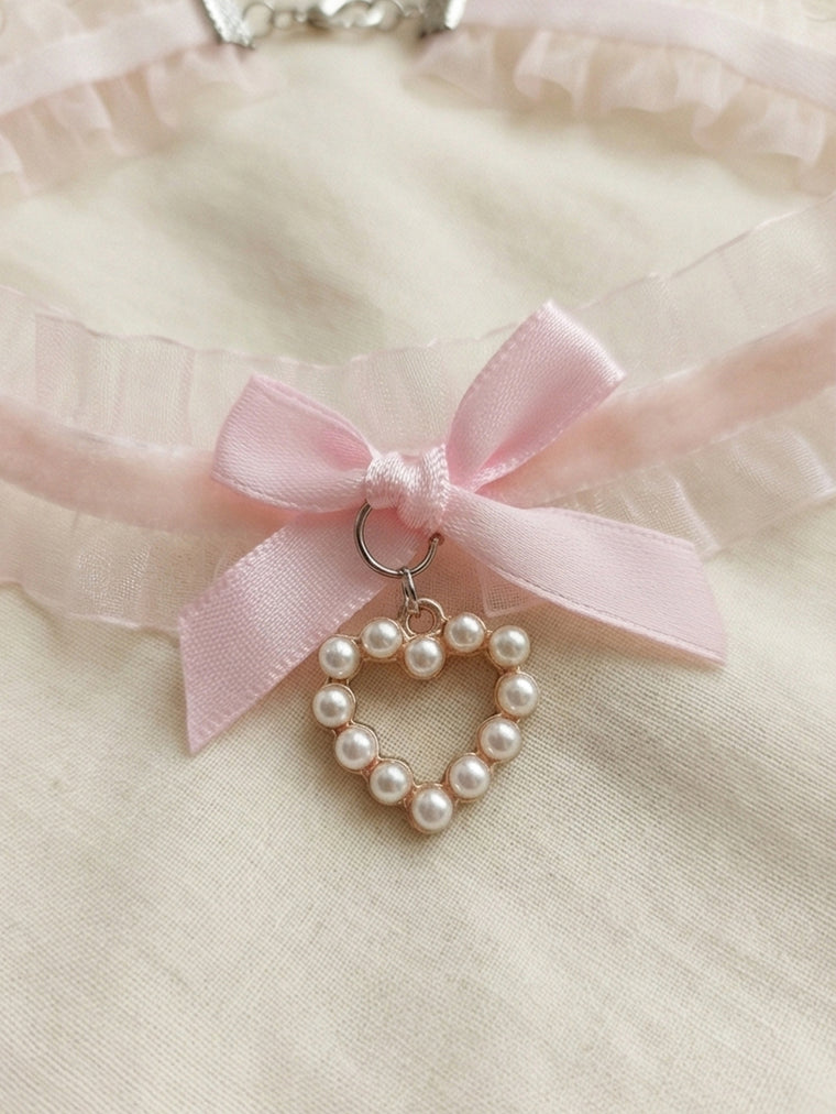 Pink Lace Bow Pearl Necklace with polyester fabric | NA866-03 | image 4