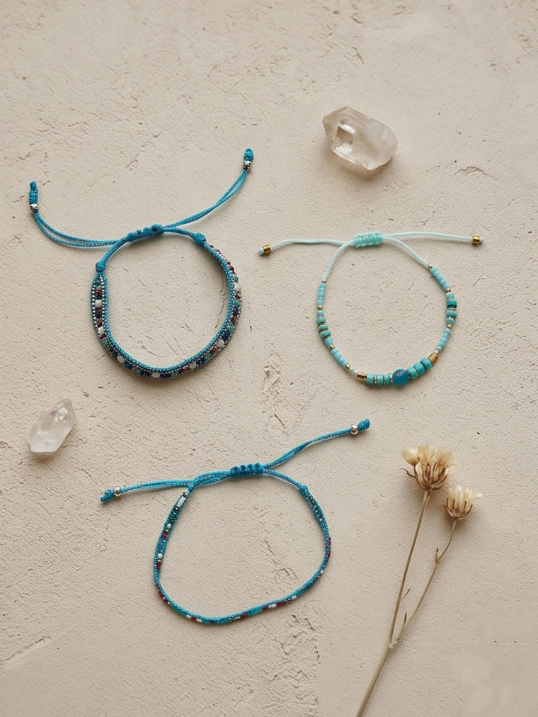 Blue braided three-piece bracelet set with adjustable pull cords | BRA576-01 | image 4