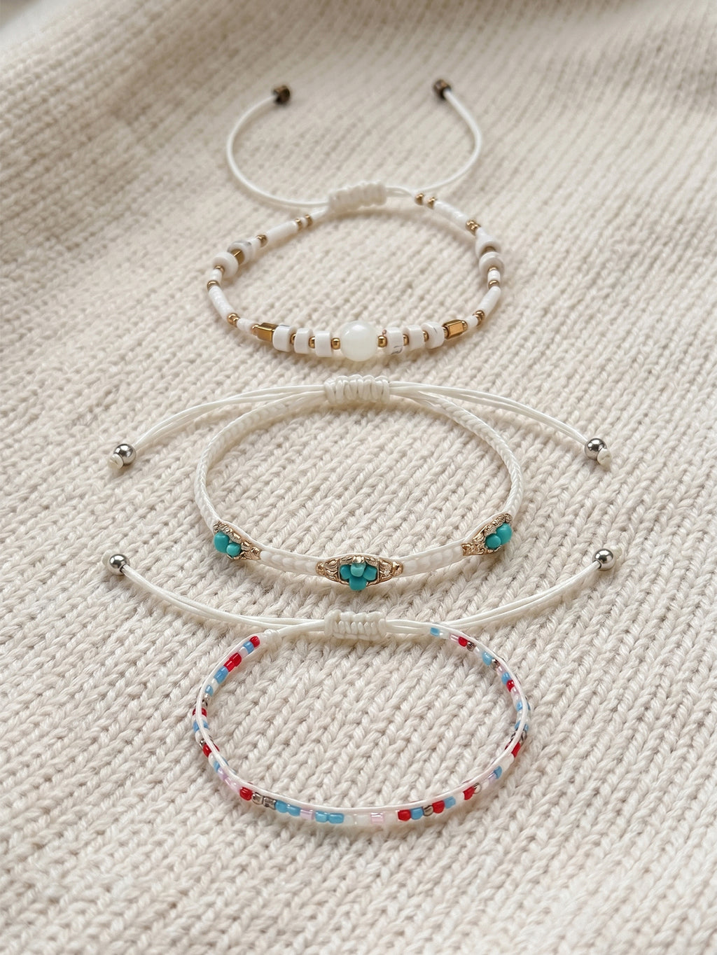 White braided three-piece bracelet set with adjustable pull cords | BRA518-01 | image 4