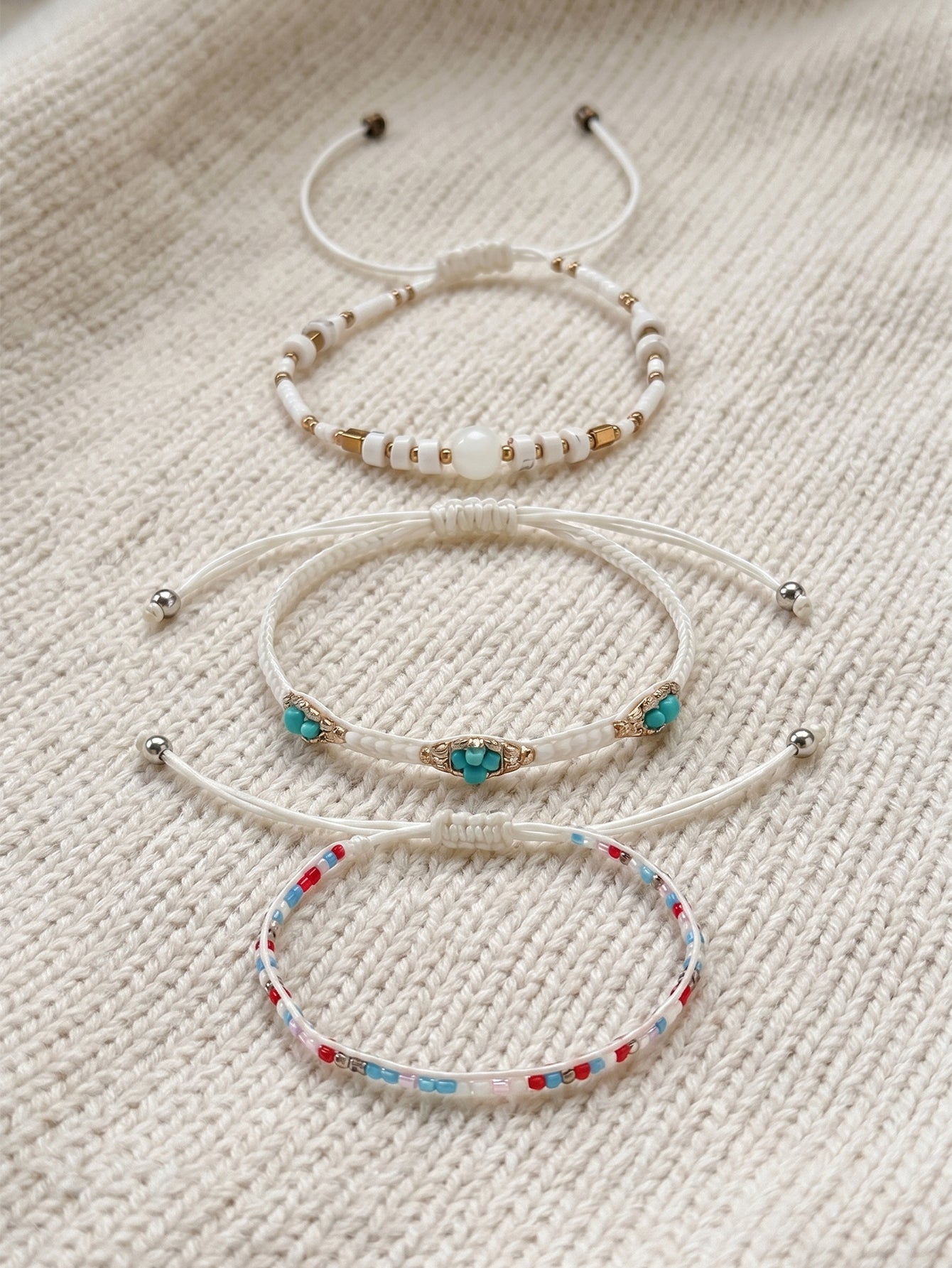 White braided three-piece bracelet set with adjustable pull cords | BRA518-01 | image 4