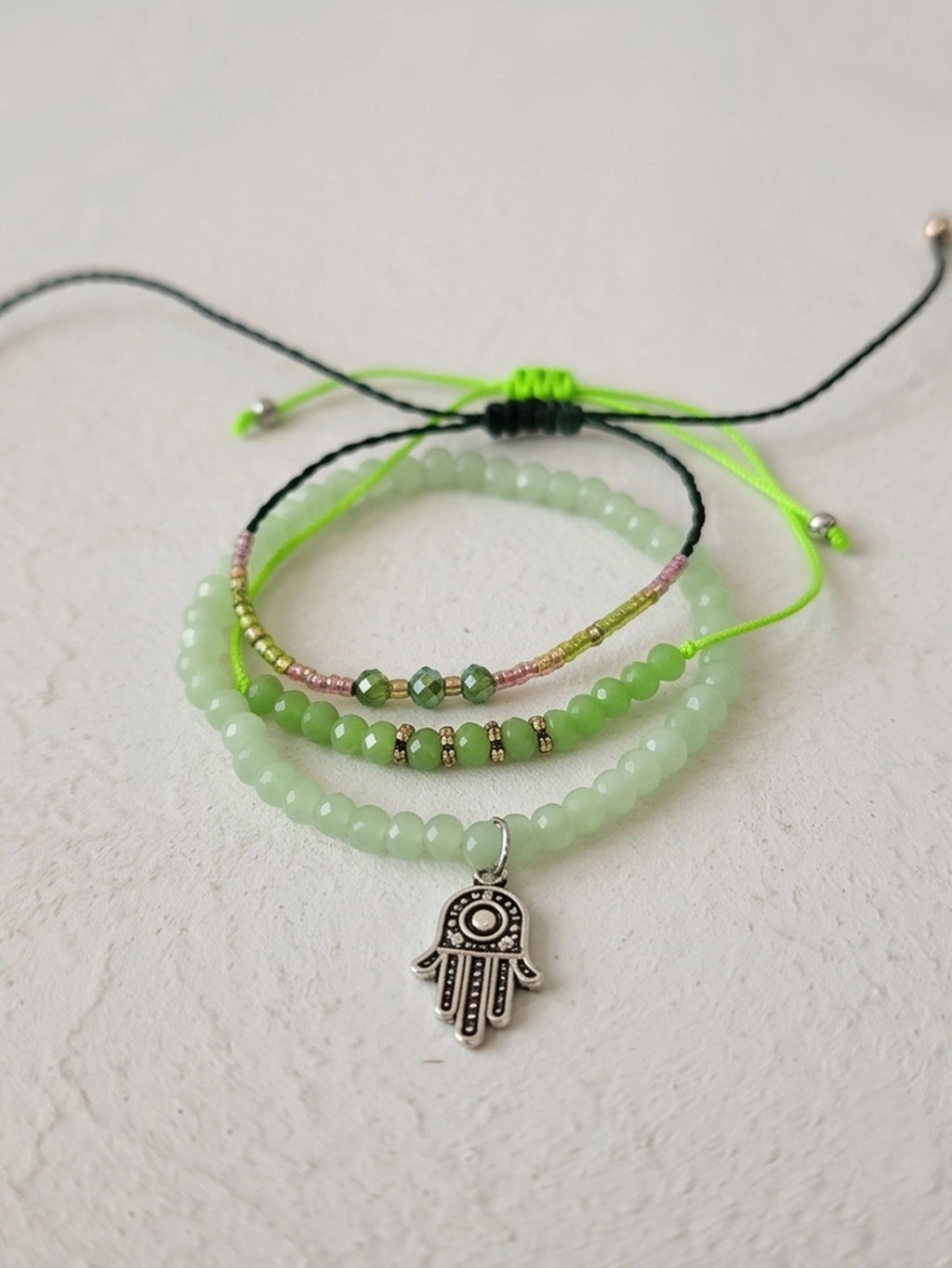 Green braided three-piece bracelet set with adjustable pull cords | BRA579-01 | image 4