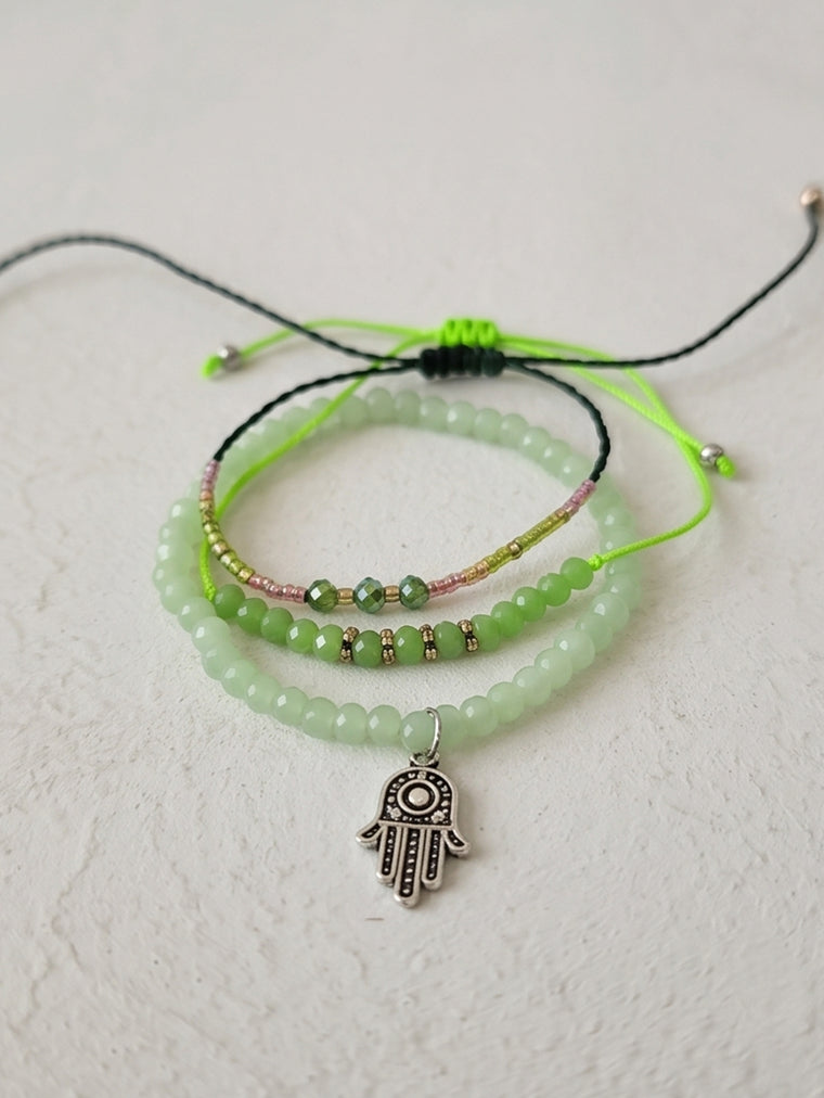 Green braided three-piece bracelet set with adjustable pull cords | BRA579-01 | image 4