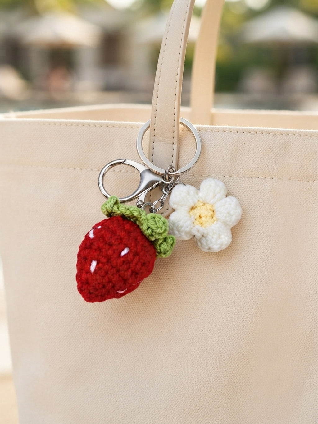 Handwoven strawberry flower keychain in red | KCA082-01 | image 4