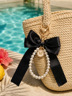 Black bow keychain with faux pearl strand | KCA051-04 | image 4