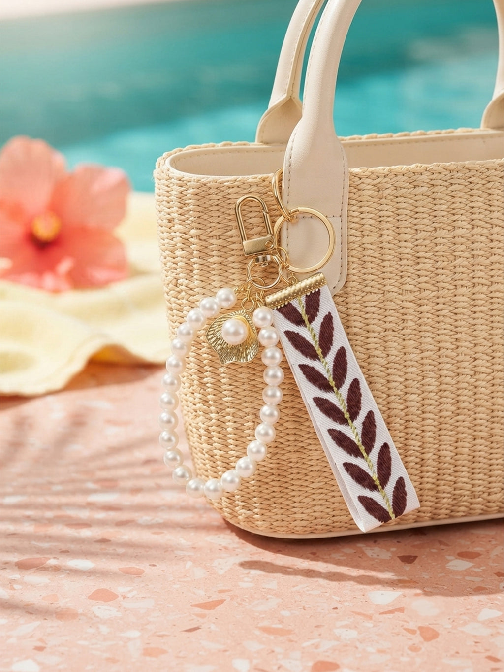 Ribbon keychain with woven detail and faux pearls | KCA055-03 | image 4
