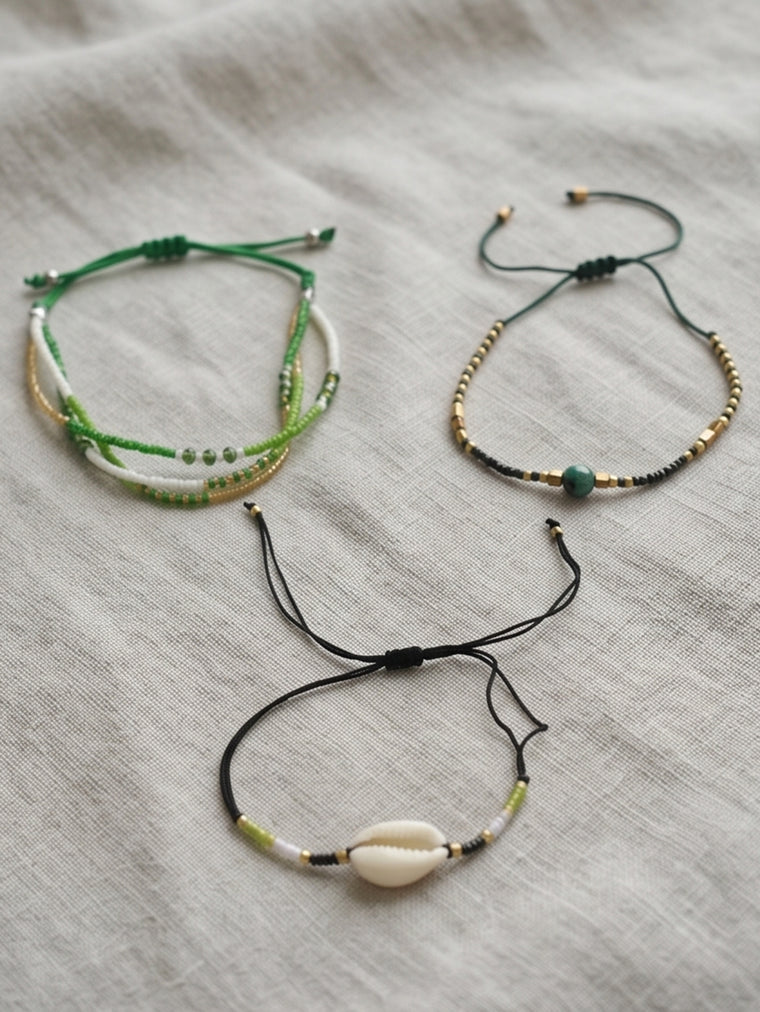Green braided three-piece bracelet set with adjustable pull cords | BRA580-01 | image 4