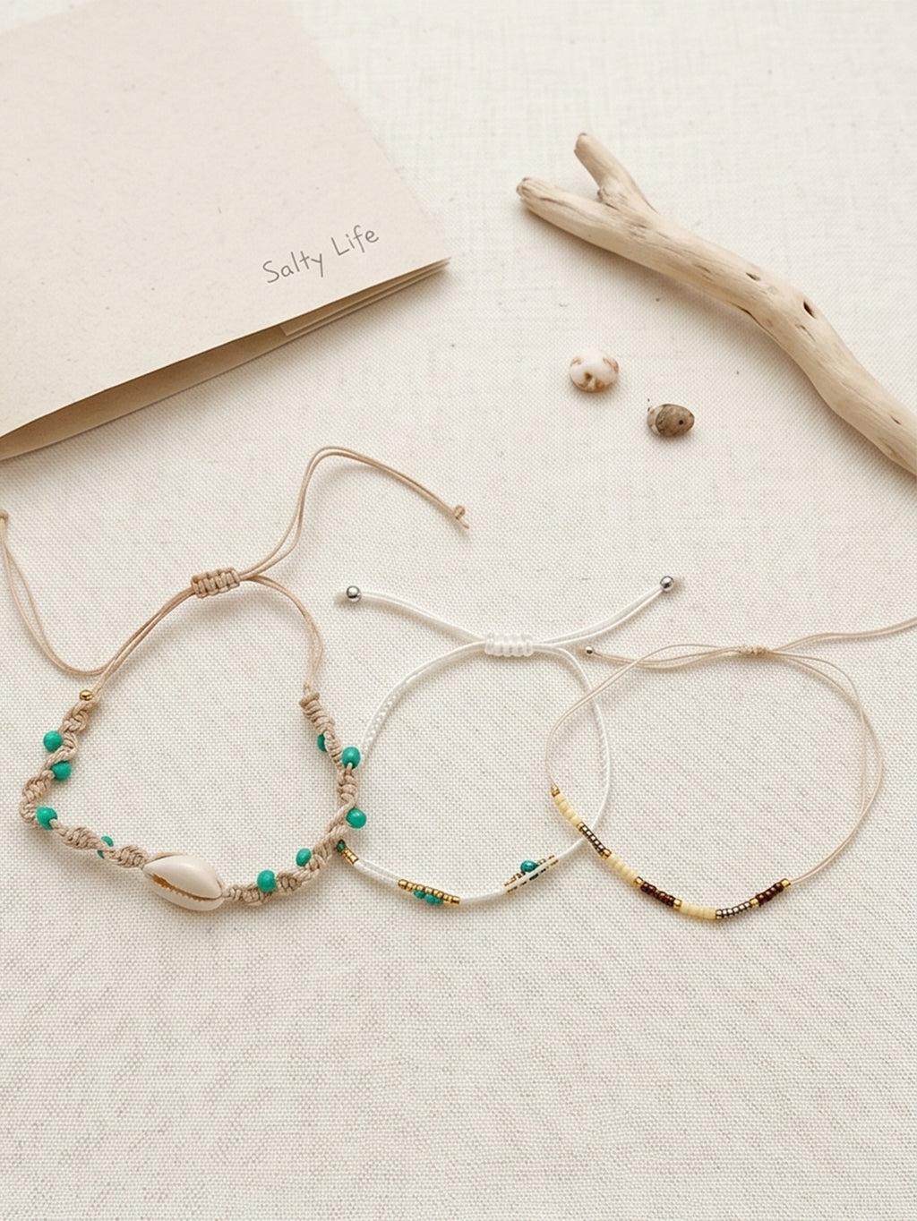 White braided three-piece bracelet set with adjustable pull cords | BRA559-01 | image 4