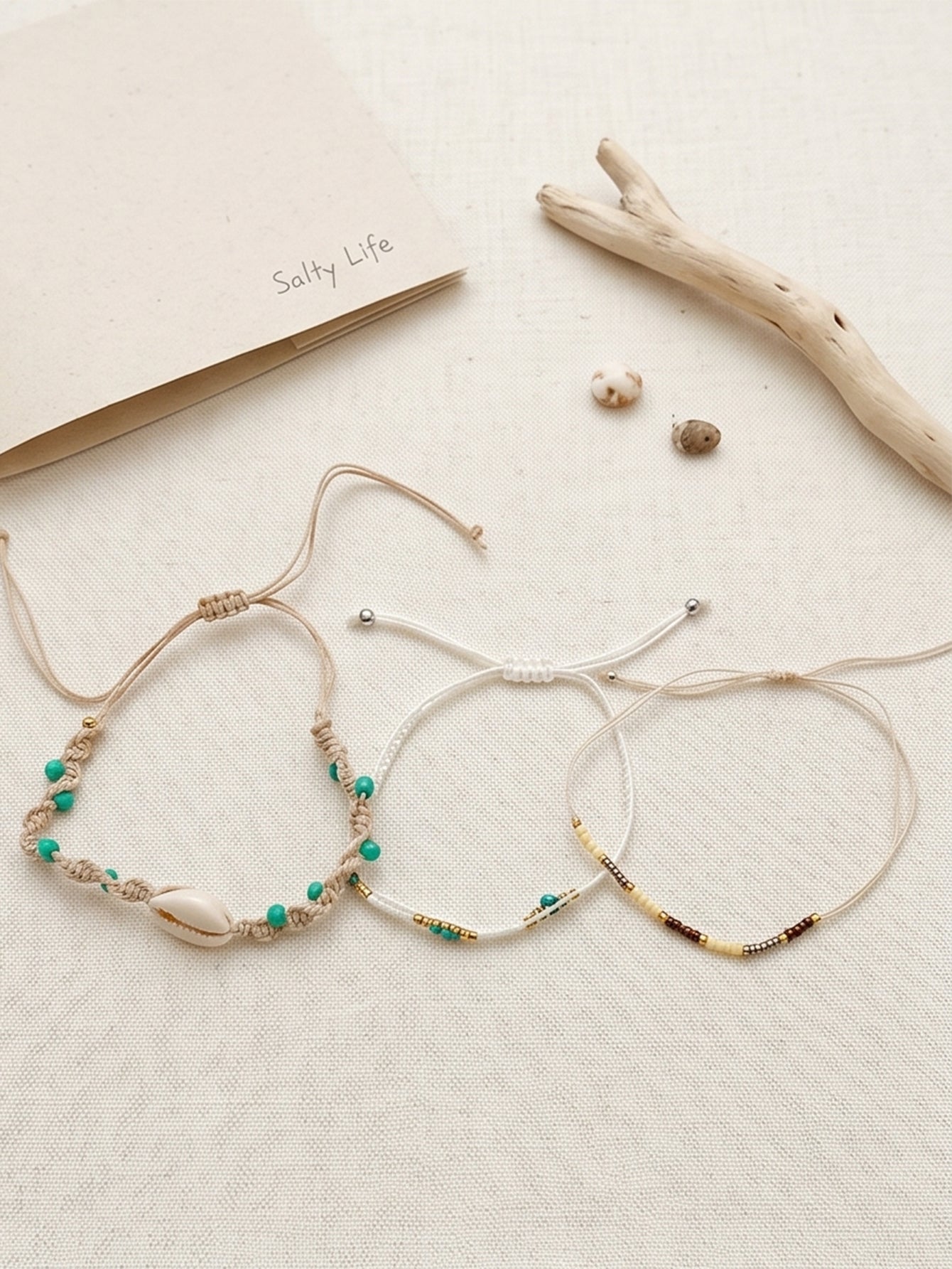 White braided three-piece bracelet set with adjustable pull cords | BRA559-01 | image 4