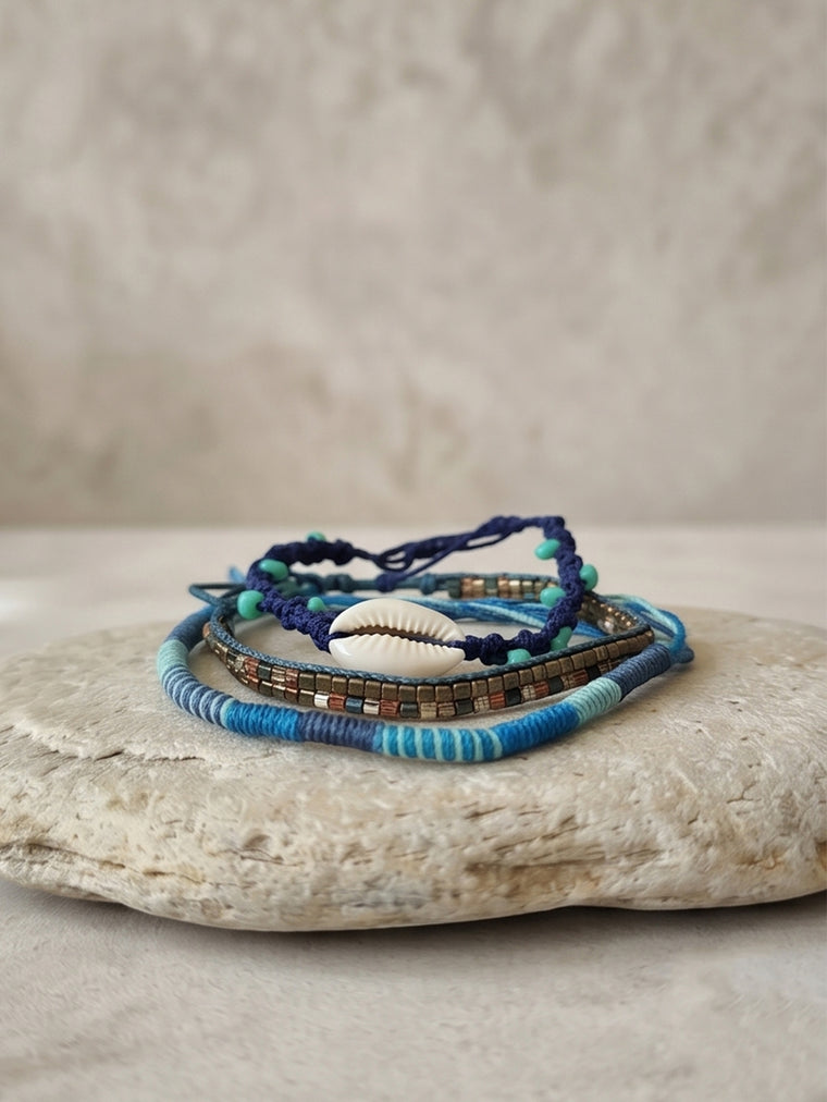 Blue braided three-piece bracelet set with adjustable pull cords | BRA573-01 | image 4