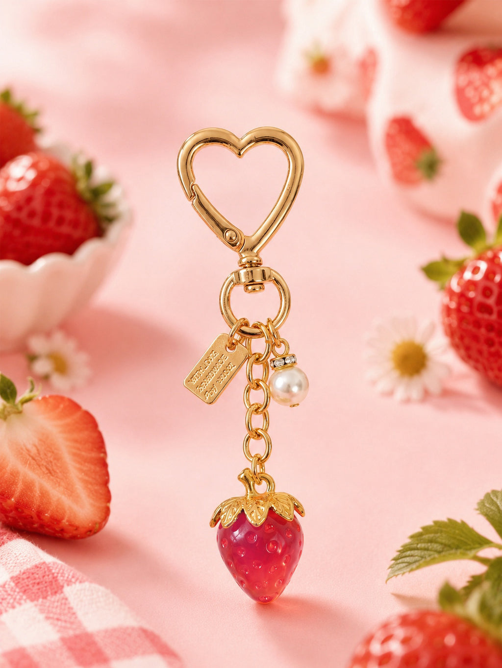 Translucent strawberry keychain with pearl accent | KCA064-03 | image 4