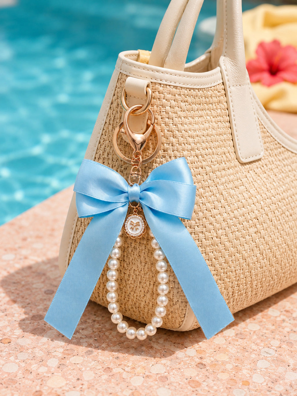 Blue bow keychain with faux pearl strand | KCA051-03 | image 4