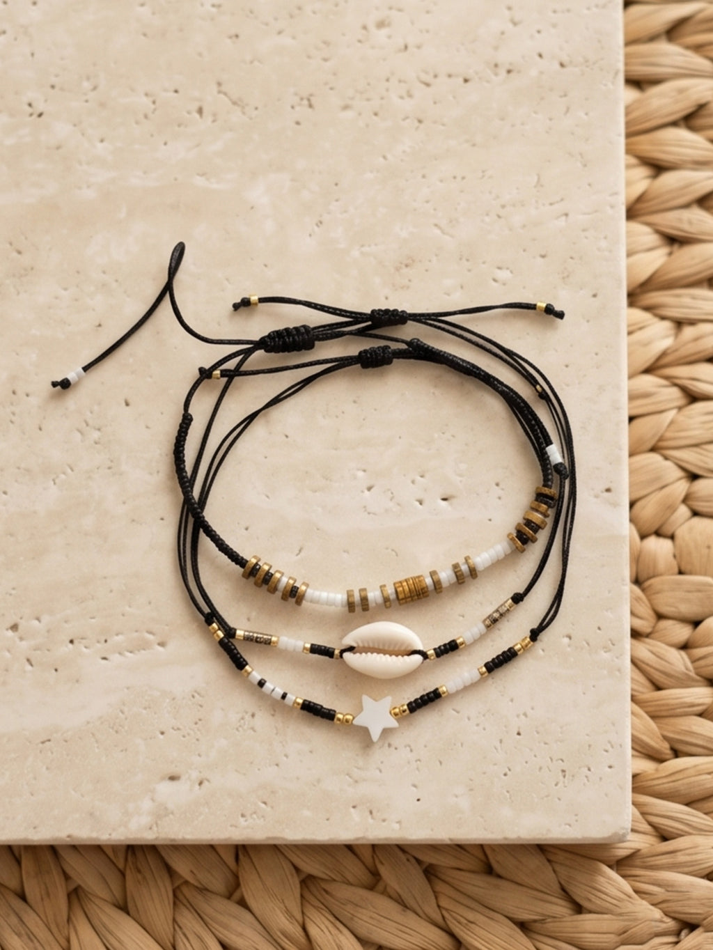 Black braided three-piece bracelet set with adjustable pull cords | BRA584-01 | image 4