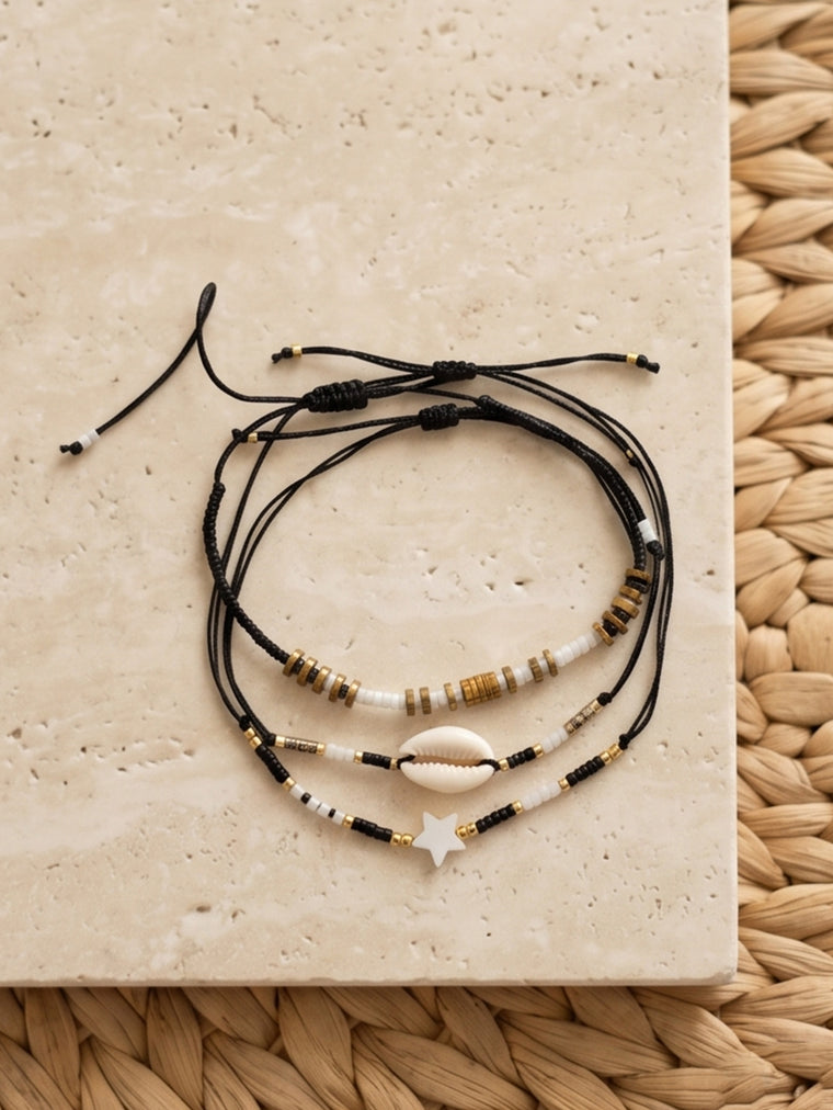 Black braided three-piece bracelet set with adjustable pull cords | BRA584-01 | image 4