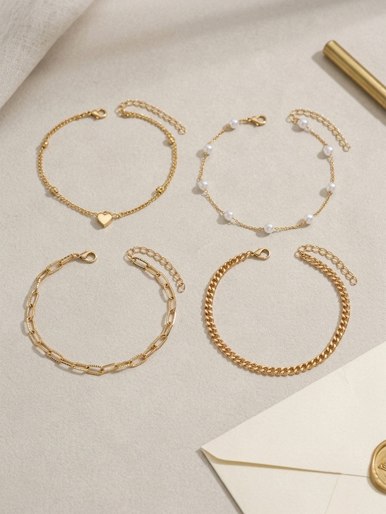 Faux Pearl Heart Layered Anklet Set with copper and plastic details | JL7433-01 | image 4