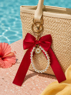 Red bow keychain with faux pearl strand | KCA051-02 | image 4