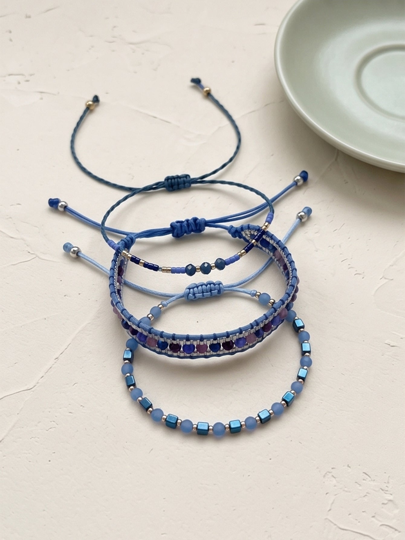 Blue braided three-piece bracelet set with adjustable pull cords | BRA512-01 | image 4