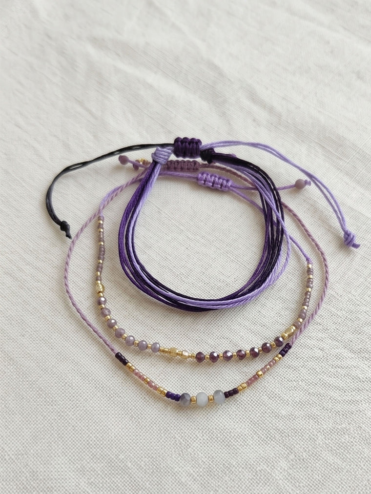 Dark Purple braided three-piece bracelet set with adjustable pull cords | BRA561-01 | image 4