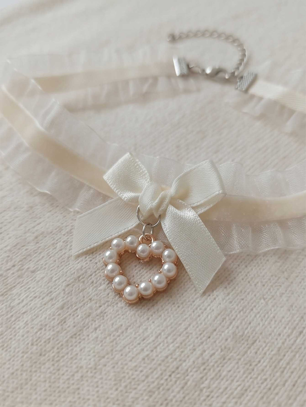 Beige Lace Bow Pearl Necklace with polyester fabric | NA866-01 | image 4