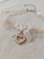 Beige Lace Bow Pearl Necklace with polyester fabric | NA866-01 | image 4