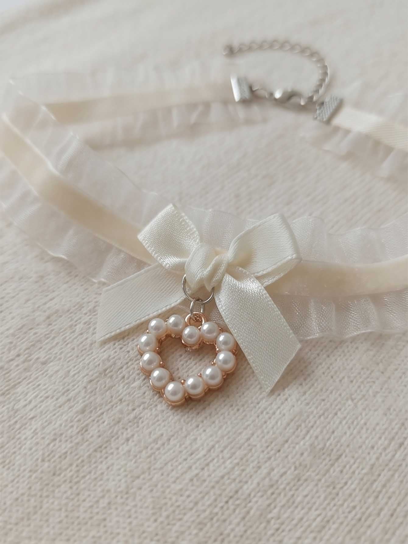 Beige Lace Bow Pearl Necklace with polyester fabric | NA866-01 | image 4