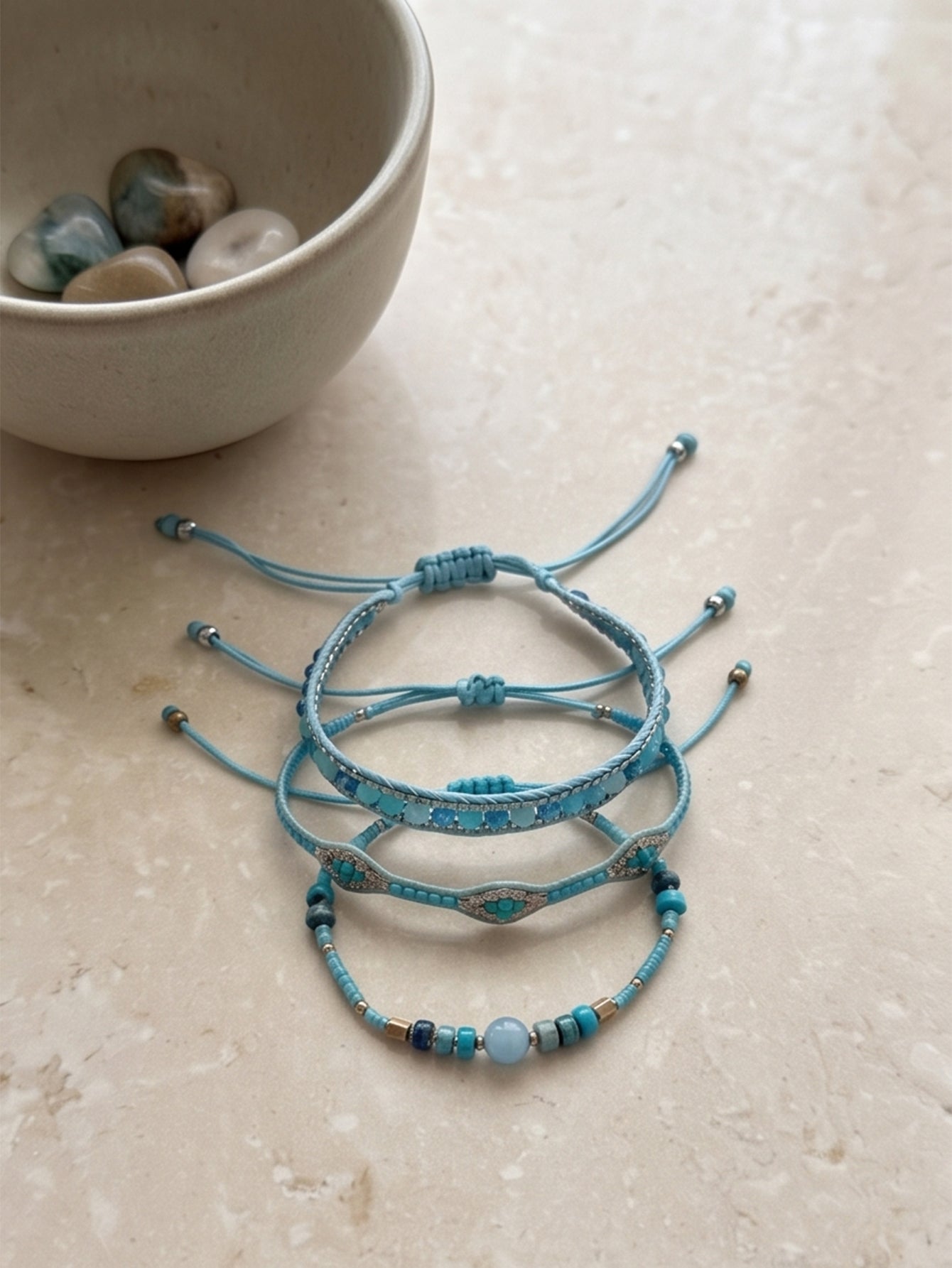 Teal braided three-piece bracelet set with adjustable pull cords | BRA517-01 | image 4