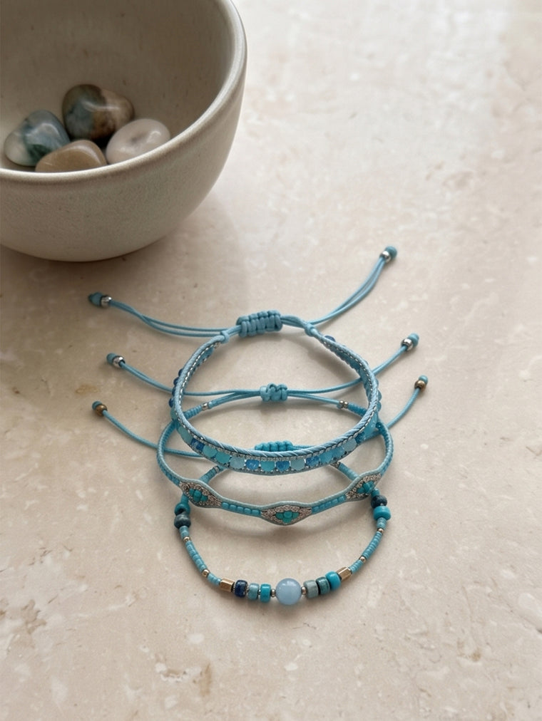 Teal braided three-piece bracelet set with adjustable pull cords | BRA517-01 | image 4