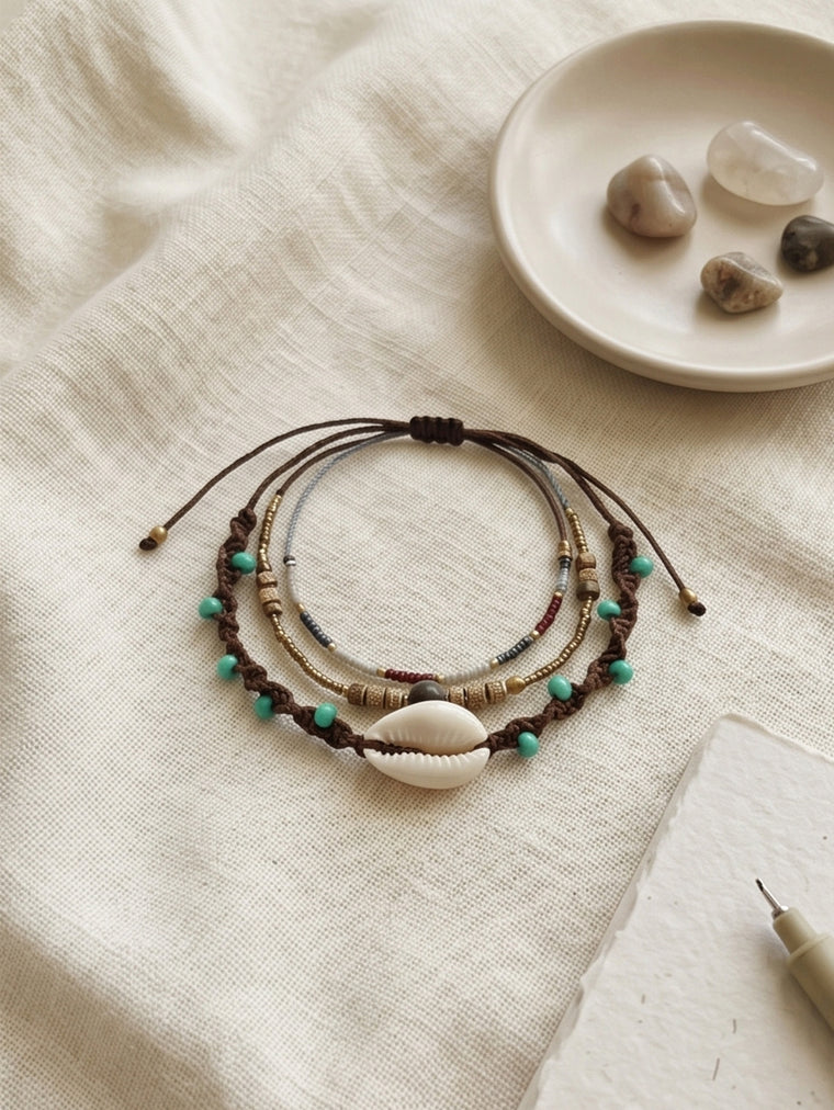 Brown braided three-piece bracelet set with adjustable pull cords | BRA591-01 | image 4