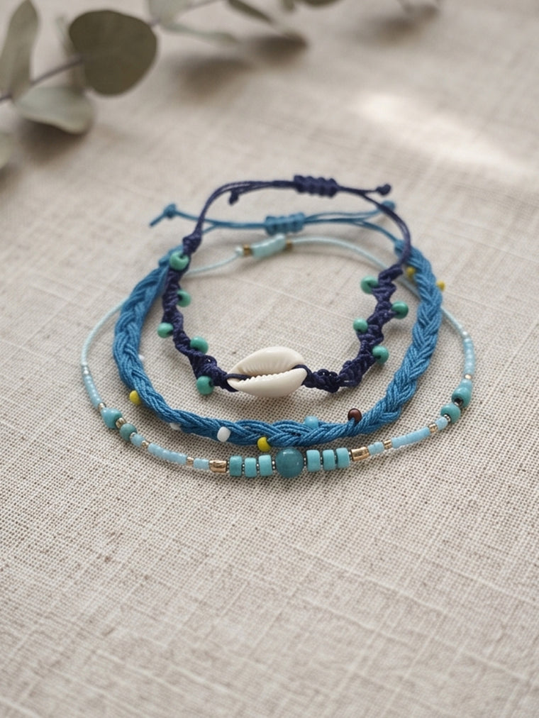 Blue braided three-piece bracelet set with adjustable pull cords | BRA583-01 | image 4