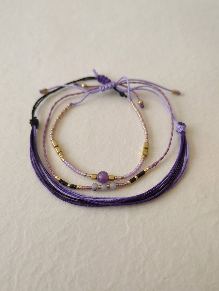 Purple braided three-piece bracelet set with adjustable pull cords | BRA590-01 | image 4