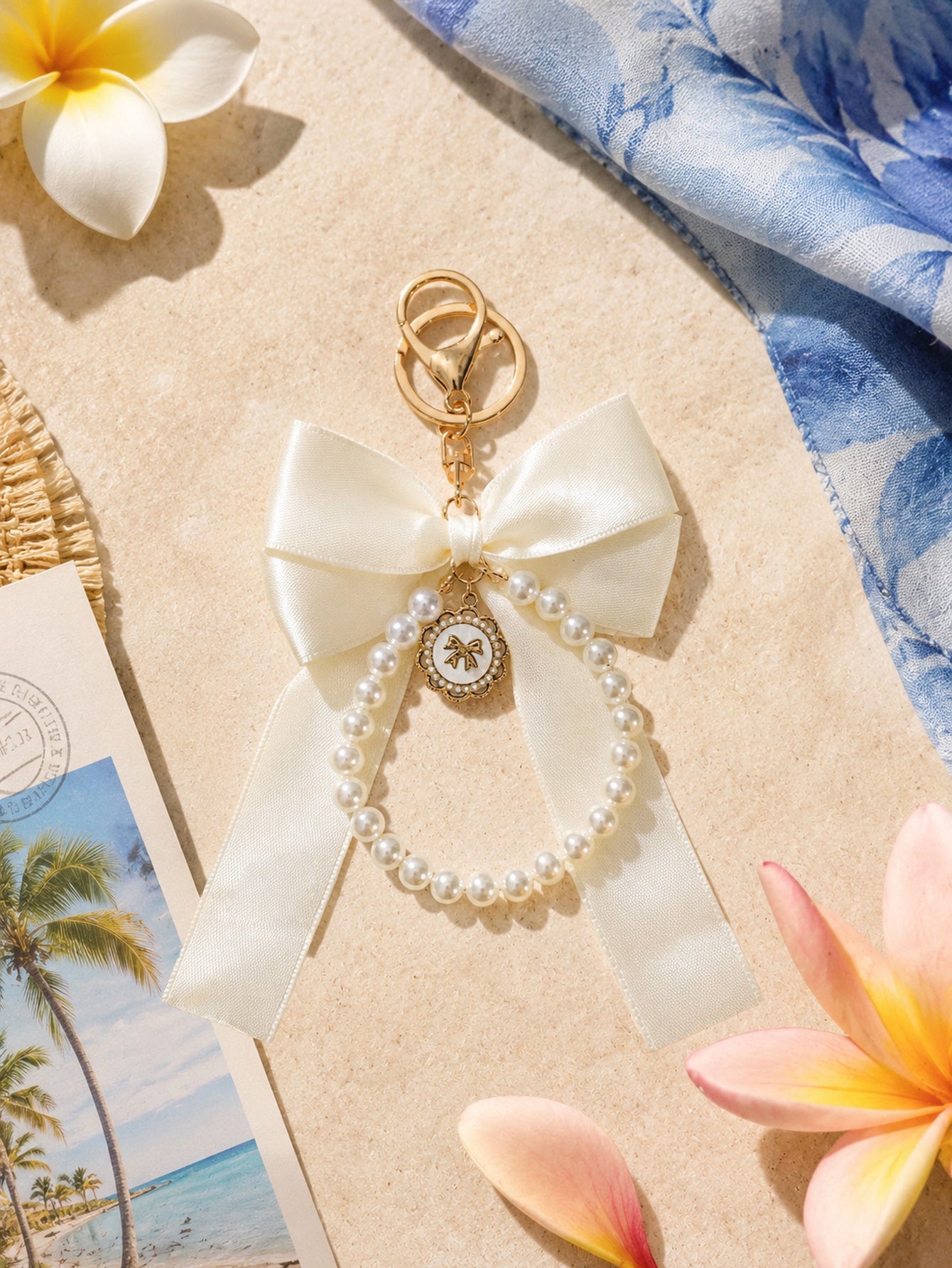 Ivory bow keychain with faux pearl strand | KCA051-05 | image 4