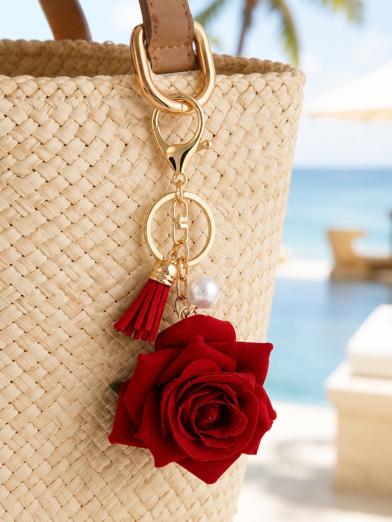 Red rose tassel keychain with pearl accent | KCA062-01 | image 4