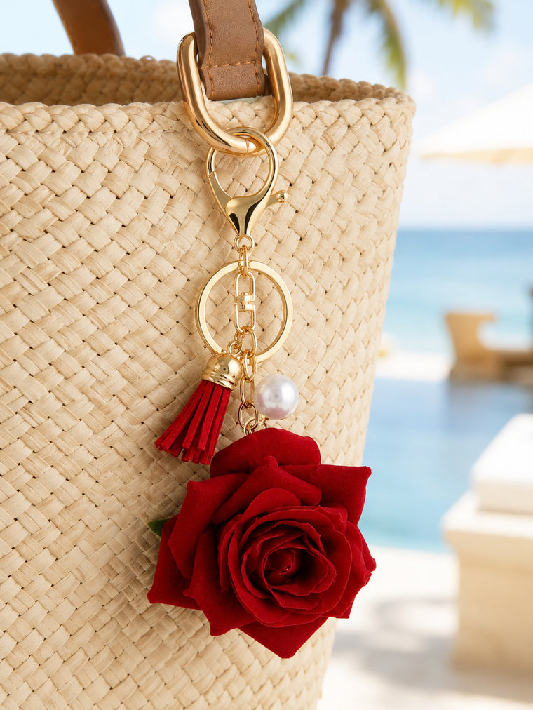 Red rose tassel keychain with pearl accent | KCA062-01 | image 4