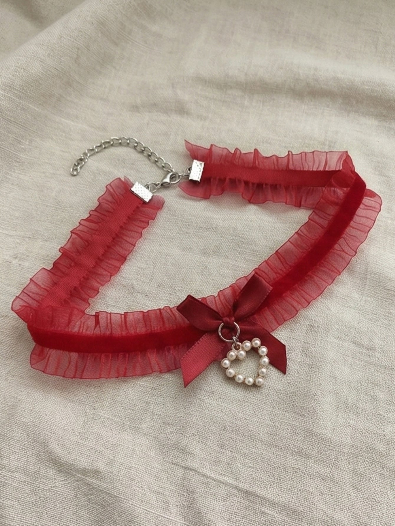 Red Lace Bow Pearl Necklace with polyester fabric | NA866-02 | image 4