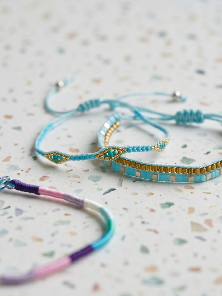 Blue braided three-piece bracelet set with adjustable pull cords | BRA574-01 | image 4