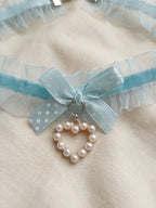 Blue Polka Dot Bow Pearl Necklace with polyester fabric | NA866-05 | image 4