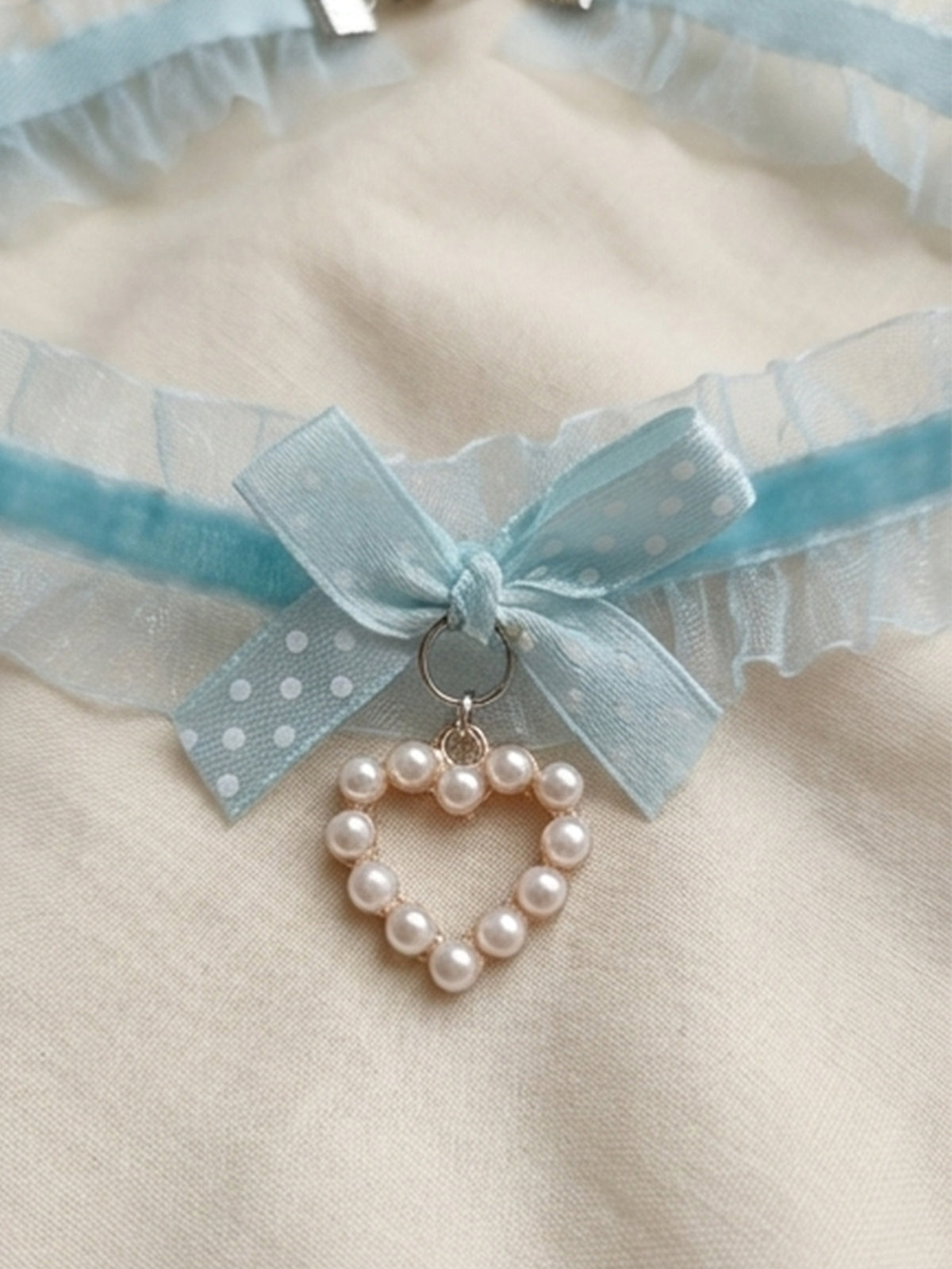 Blue Polka Dot Bow Pearl Necklace with polyester fabric | NA866-05 | image 4