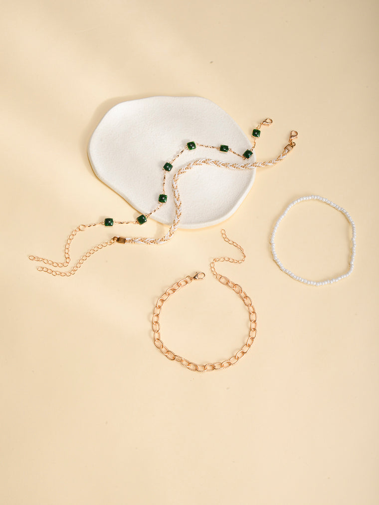 Green Stone Beaded Anklet Set with zinc alloy details | JL7342-01 | image 4