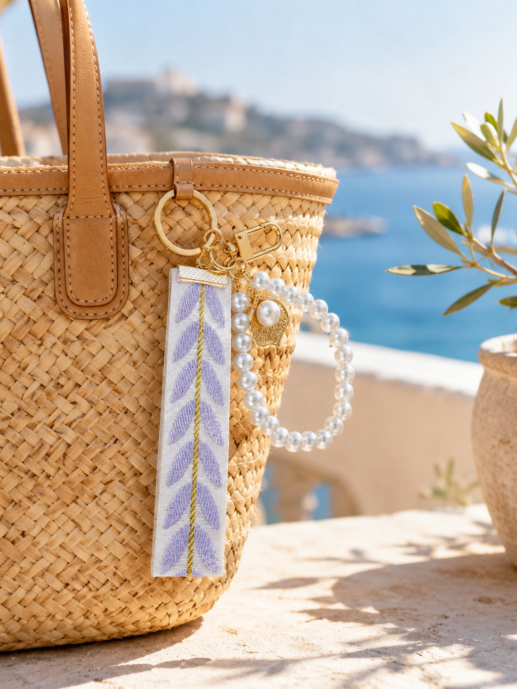 Ribbon keychain with woven detail and faux pearls | KCA055-04 | image 4