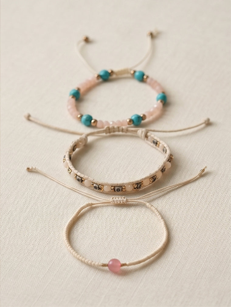 Beige braided three-piece bracelet set with adjustable pull cords | BRA515-01 | image 4