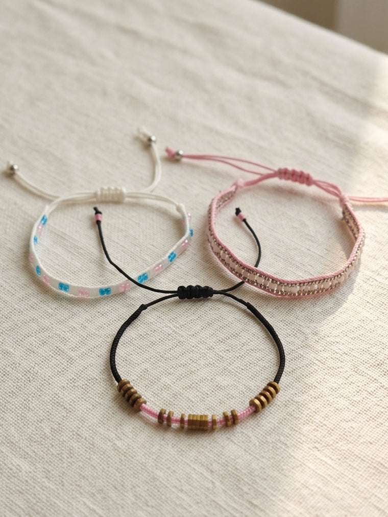 Light Pink braided three-piece bracelet set with adjustable pull cords | BRA563-01 | image 4