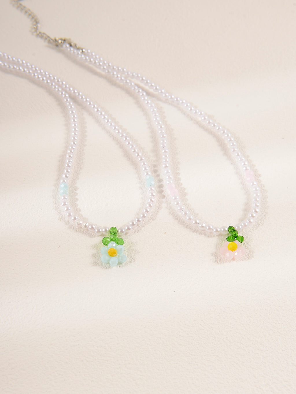 Blue Pink Floral Faux Pearl Necklace Set with glass details | NA564-02 | image 4