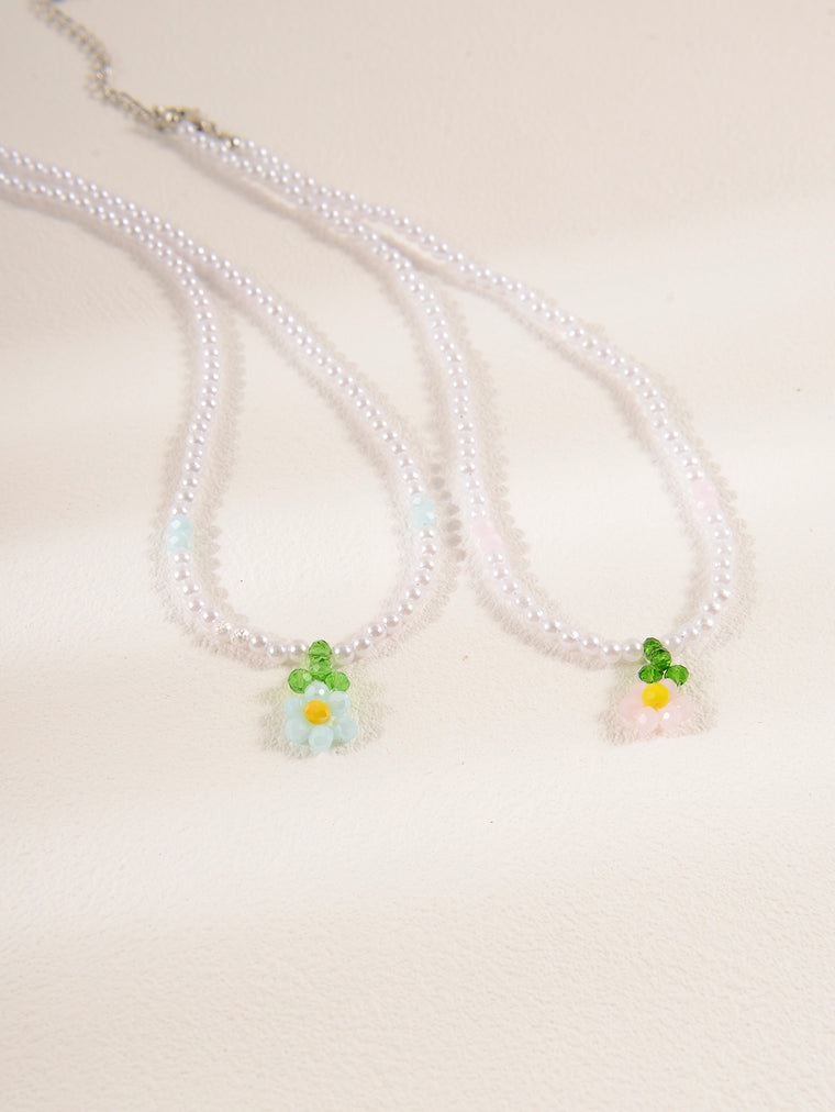 Blue Pink Floral Faux Pearl Necklace Set with glass details | NA564-02 | image 4