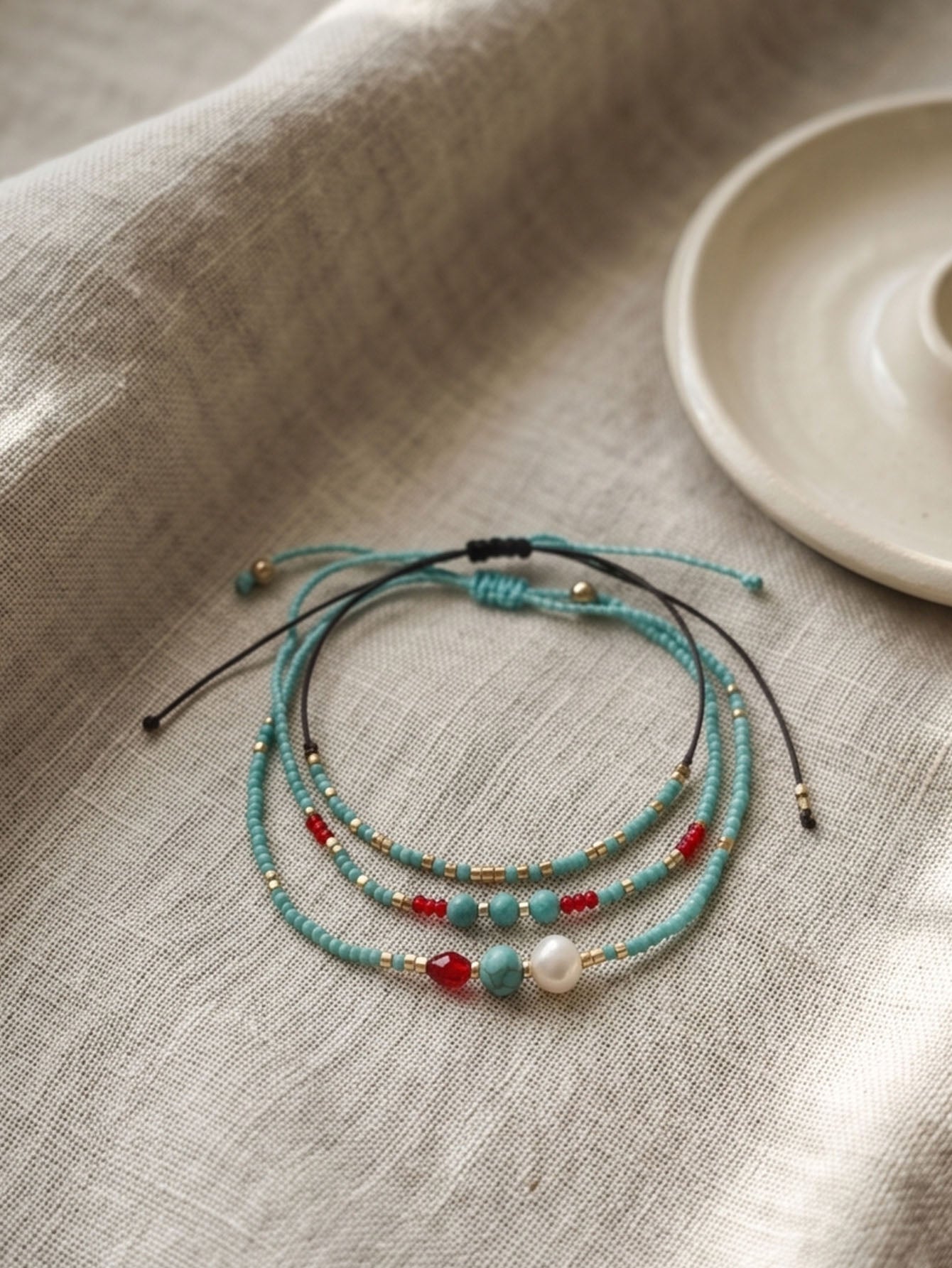 Blue braided three-piece bracelet set with adjustable pull cords | BRA566-01 | image 4