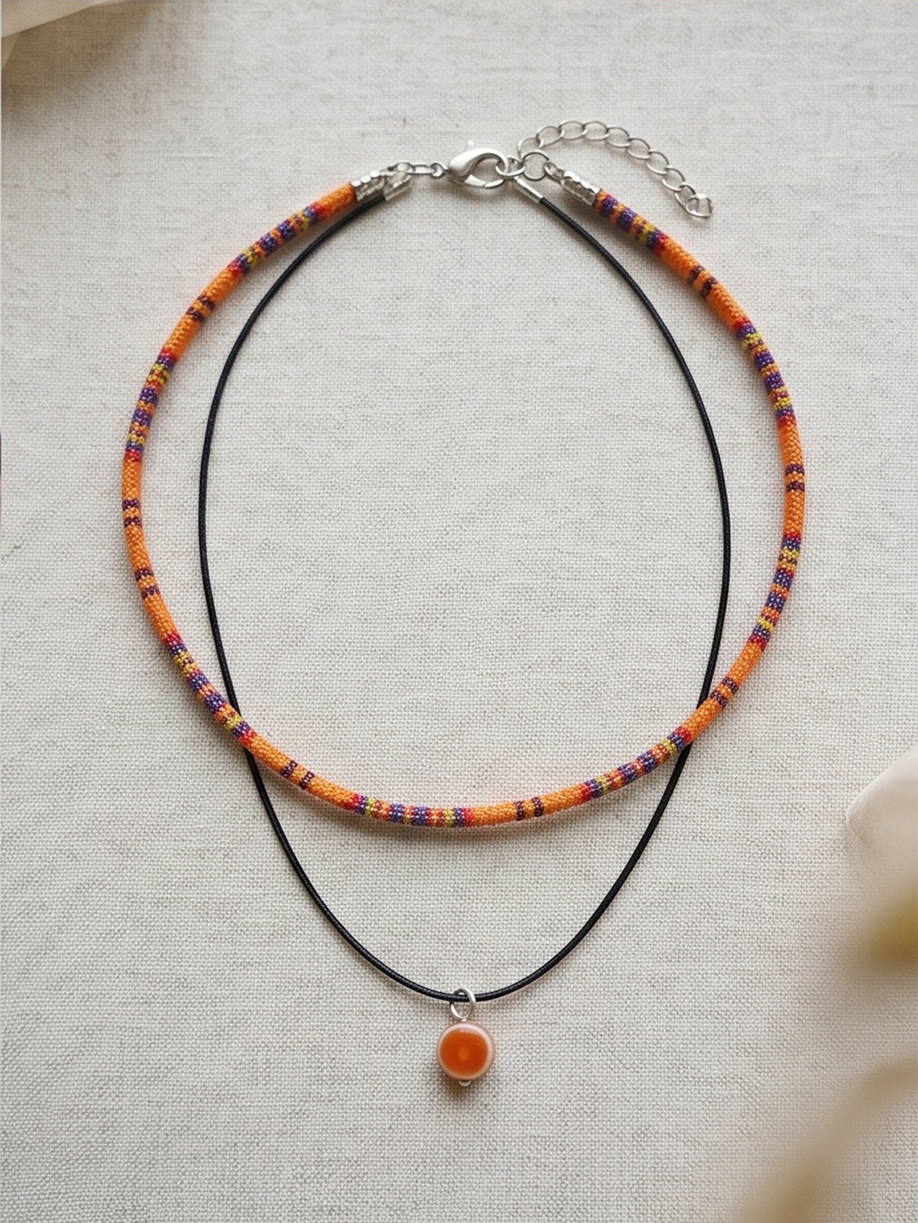 Orange Double Layer Beaded Necklace with polyester fabric | NA262-04 | image 4