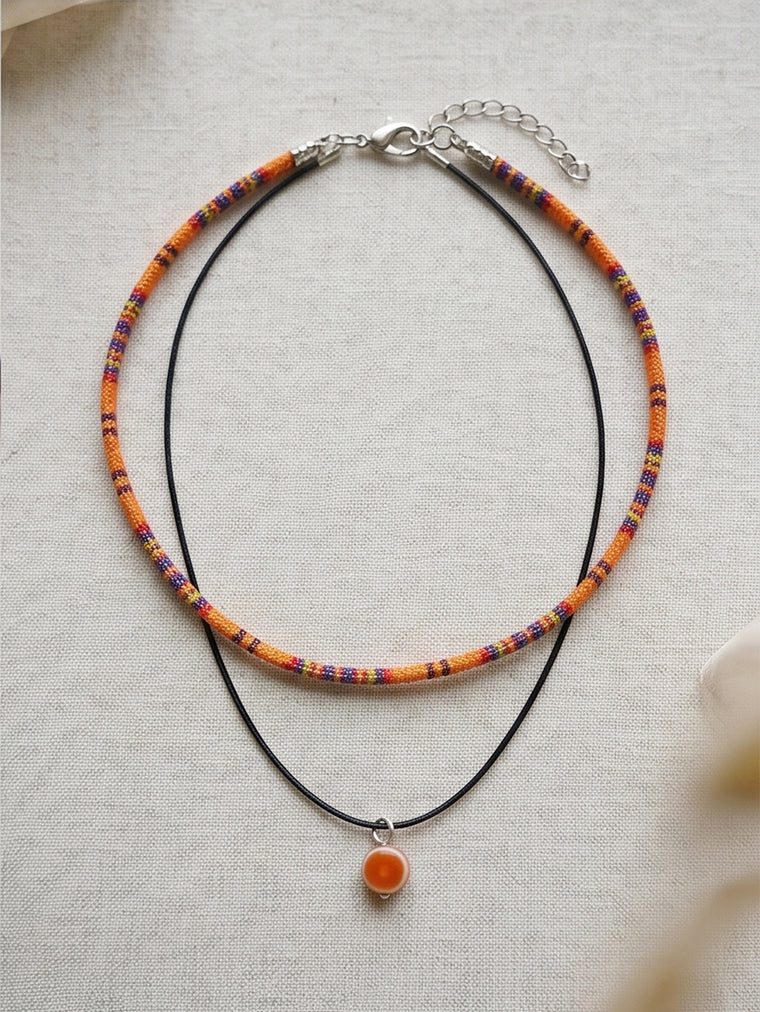 Orange Double Layer Beaded Necklace with polyester fabric | NA262-04 | image 4