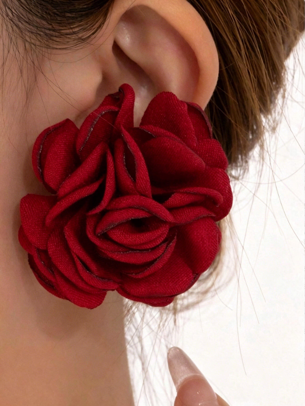 Burgundy flocked rose stud earrings with fabric petals | ERA649-01 | image 4