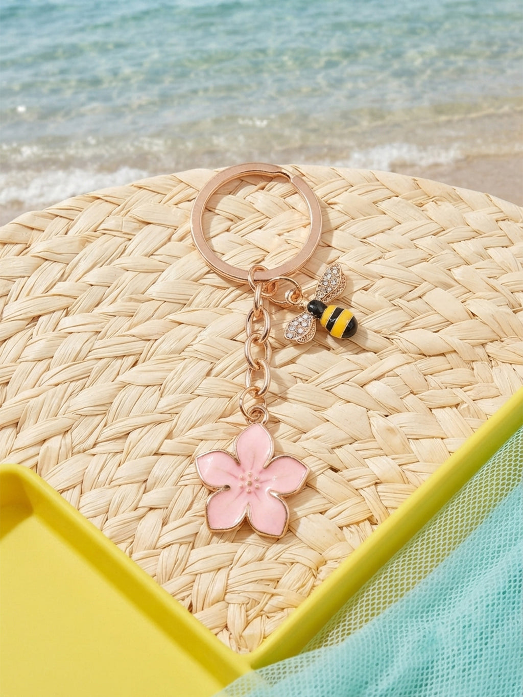 Pink cherry blossom keychain with bee accent | KCA070-08 | image 4