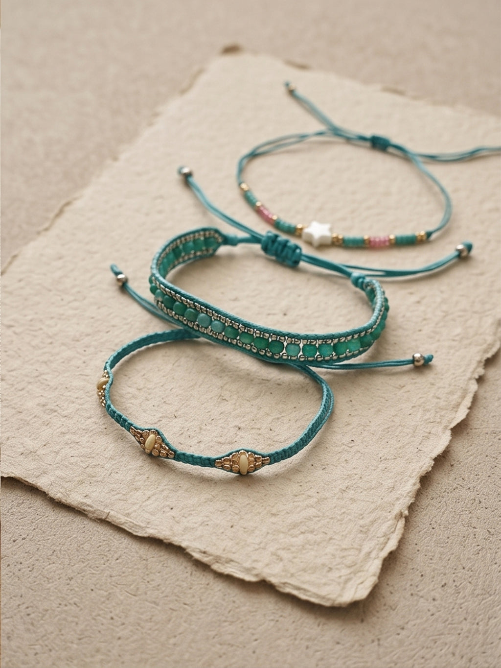 Teal braided three-piece bracelet set with adjustable pull cords | BRA506-01 | image 4