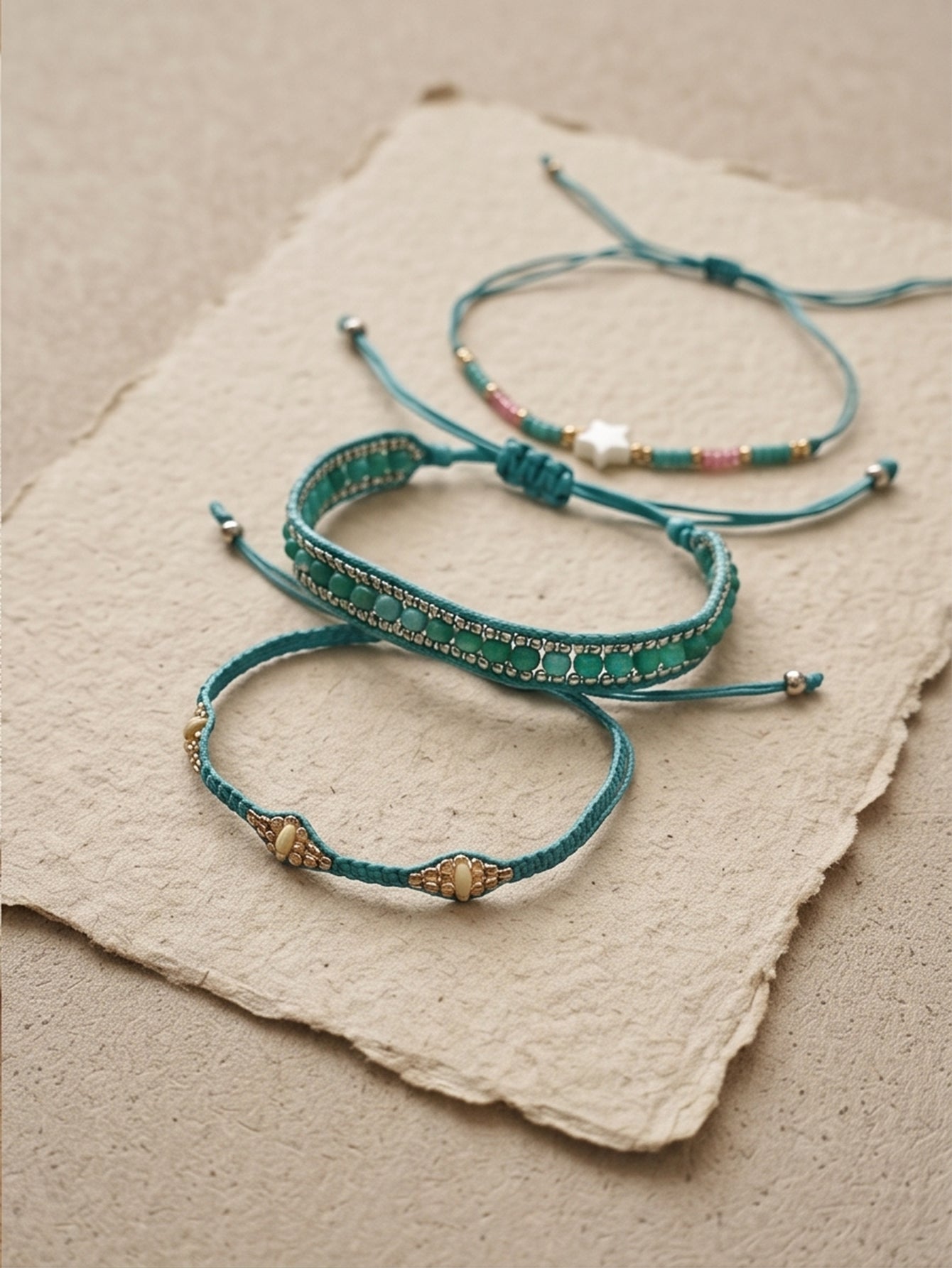 Teal braided three-piece bracelet set with adjustable pull cords | BRA506-01 | image 4